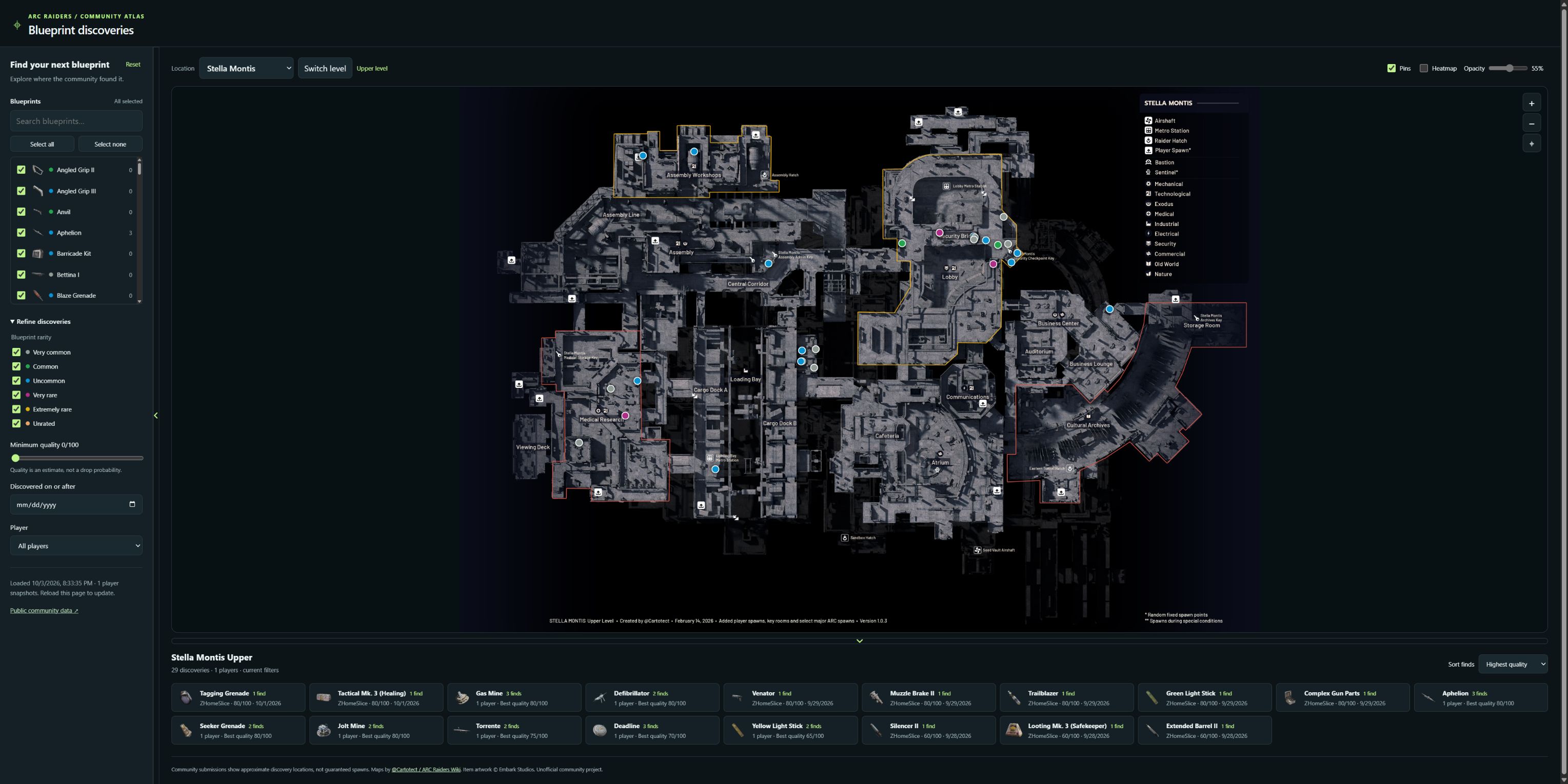 Live community map interface showing blueprint discovery pins on Stella Montis